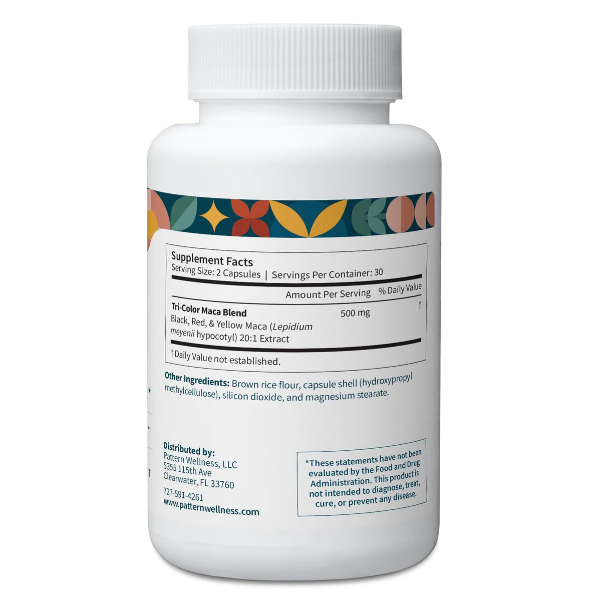 Pattern Wellness Maca Root Extract 20:1-500mg Per Serving – for Men & Women – Tri-Color Black/Red/Yellow Blend – 60 Vegan, Non-GMO Capsules