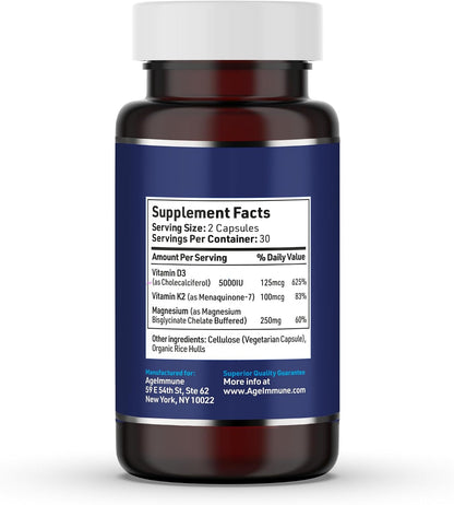 AgeImmune Brilliant D3+ Complex - 60 Capsules - 5000 IU Vitamin D3 + K2 + Magnesium Glycinate Supplement - Doctor Formulated for Immune & Bone Support - No Stearates, No Dioxides