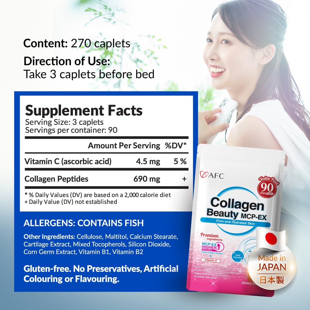 AFC Japan Collagen Beauty MCP-EX with Marine Collagen Peptide, 1.5X Better Absorption Than Other Collagen, for Anti-Aging, Skin, Hair, Nails, Bone and Joints, for Women & Men, 90 Days Supply AFC buy supplements Au