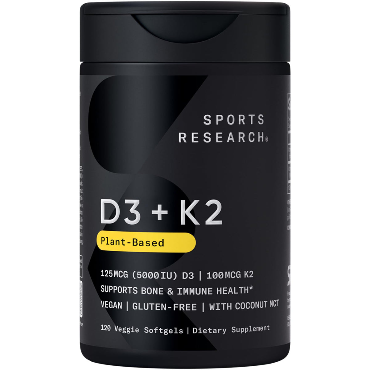 Sports Research Vitamin D3 with K2 Softgels - Plant Based K2 & Vegan D3 5000iu with Coconut MCT Oil - Vegan Certified, Soy & Gluten Free - 120 Count Sports Research buy supplements Au