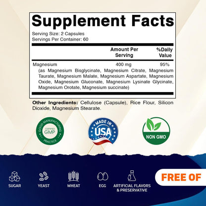 Vitamatic Magnesium Complex, 400mg Elemental MG (as Bisglycinate, Citrate, Taurate, Malate, Aspartate, Oxide, Gluconate, Lysinate Glycinate, Orotate, Succinate) - 120 Capsules per Pack - 2 Pack Vitamatic buy supplements Au