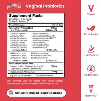 Vaginal Probiotics for Women pH Balance | 50 Billion CFU Womens Probiotic + Cranberry Pills for Vaginal Health, Healthy Odor, Yeast, Urinary Tract | Vegan Women's Probiotics and Prebiotics Supplement Mother's Promise buy supplements Au