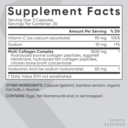 Sports Research® Multi Collagen Pills for Women & Men - Collagen Peptides (Type I, II, III, V, X) Enhanced with Hyaluronic Acid & Vitamin C - Gluten Free ­· Non-GMO - 90 Capsules Sports Research buy supplements Au