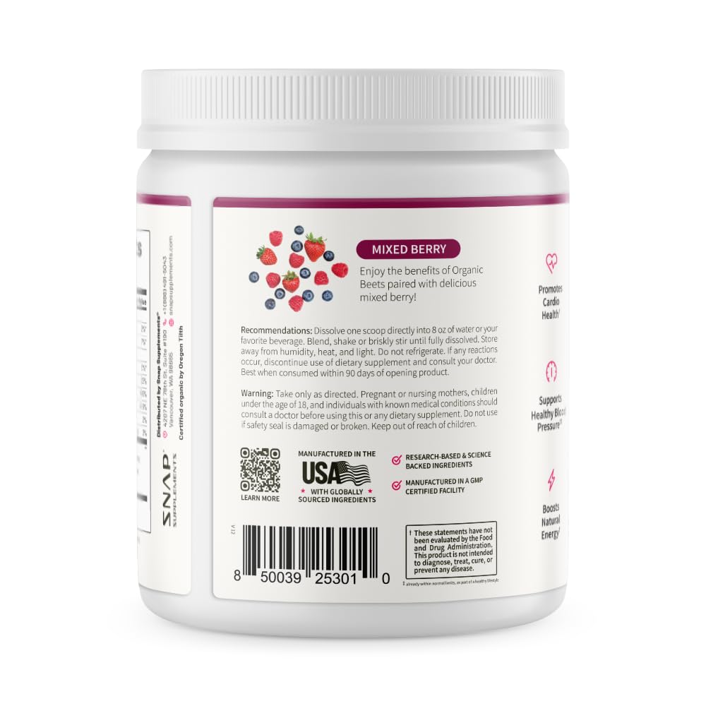 Snap Supplements Organic Beet Root Powder Nitric Oxide Supplement for Men & Women, Red Spinach & Pomegranate, Supports Healthy Energy & Blood Pressure Already in Normal Range, 30 Servings, Mixed Berry Snap Supplements buy supplements Au