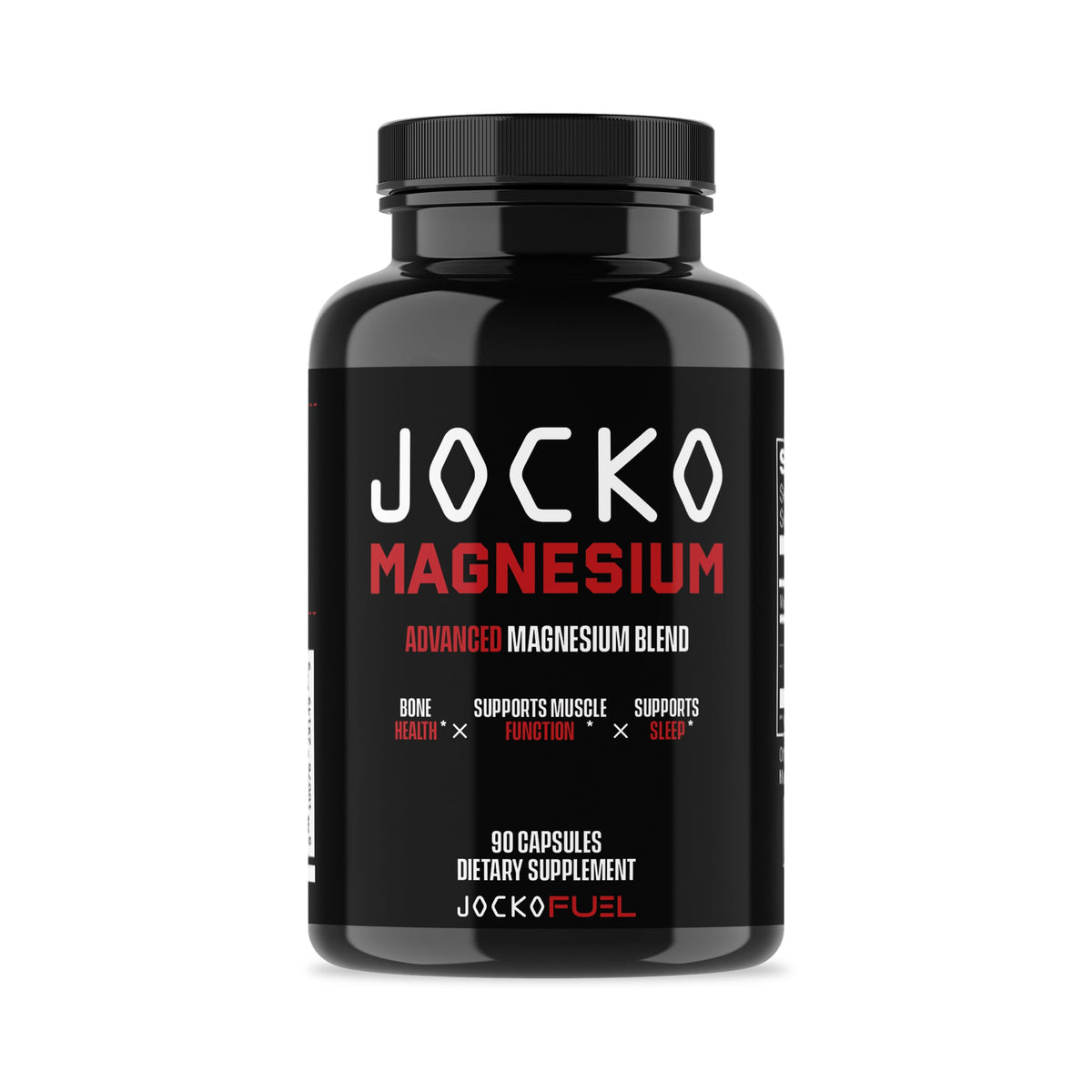 Black supplement bottle labeled 'Jocko Magnesium' on a white background