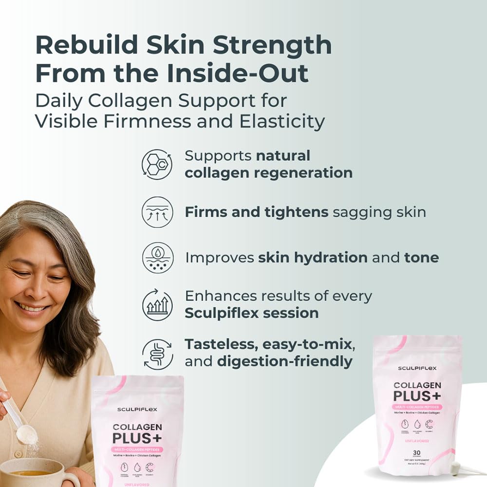 Sculpiflex Hydrolyzed Collagen Peptides Powder, Marine, Bovine, and Chicken Unflavored Multi Collagen Complex for Women, Firms Skin and Boosts Elasticity, Hydrating with Hyaluronic Acid (30 Servings) SCULPIFLEX buy supplements Au
