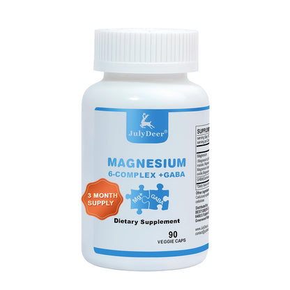 Supplement bottle labeled 'July Deer Magnesium 6-Complex + GABA' on a white background
