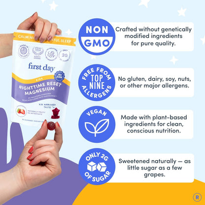 FIRST DAY Kids Magnesium Gummies, Citrate + L-Theanine, No Melatonin, 60 Ct | Strawberry citrate magnesium gummies for kids with Suntheanine® L-theanine; melatonin-free calm and bedtime support for kids