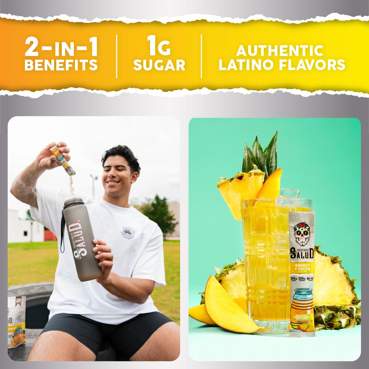Salud 2-Pack |2-in-1 Energy + Focus (Pineapple Mango) & Energy + Focus (Hibiscus) – 15 Servings Each, Agua Fresca Drink Mix, Non-GMO, Gluten Free, Vegan, Low Calorie, 1g of Sugar