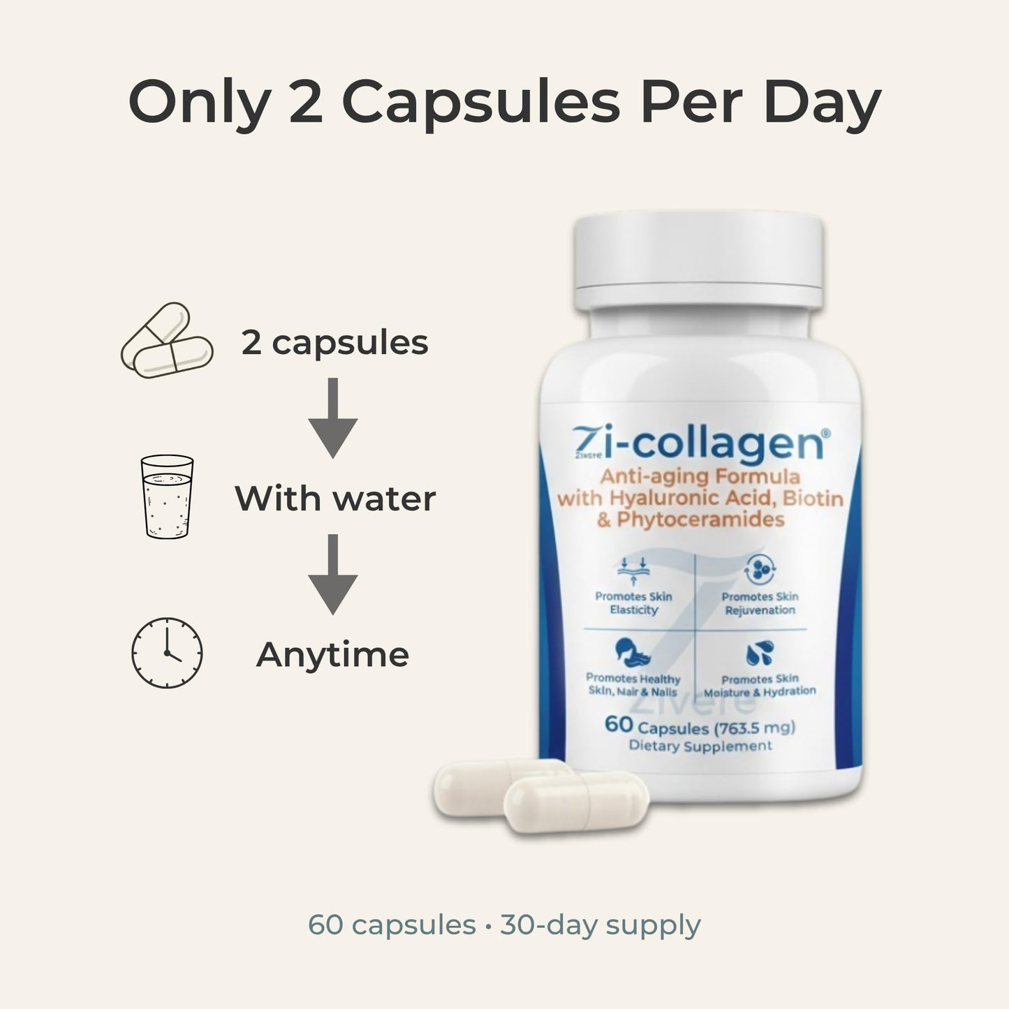 Zi-Collagen Marine Collagen Capsules for Skin, Hair & Nails Support – with Phytoceramides, Hyaluronic Acid, Biotin