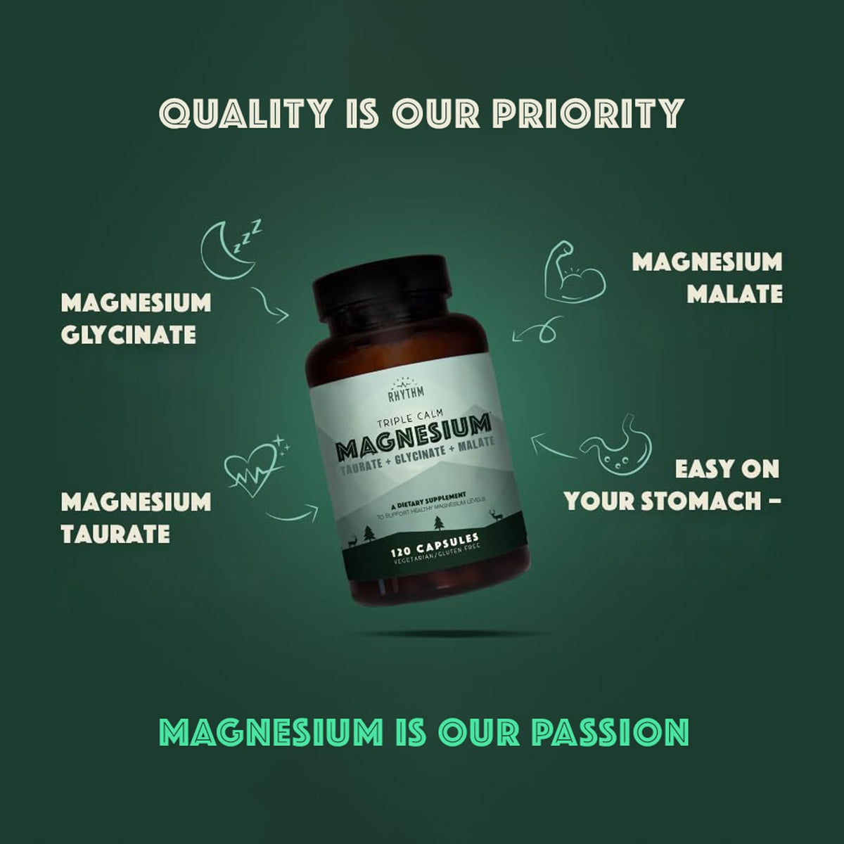 Natural Rhythm Triple Calm Magnesium Complex - 120 Capsules, Chelated Magnesium Glycinate, Taurate & Malate, High Absorption Supplement for Sleep, Stress, Muscle & Heart Support, Non-GMO, Vegan Natural RhythmBuy Supplements Australia