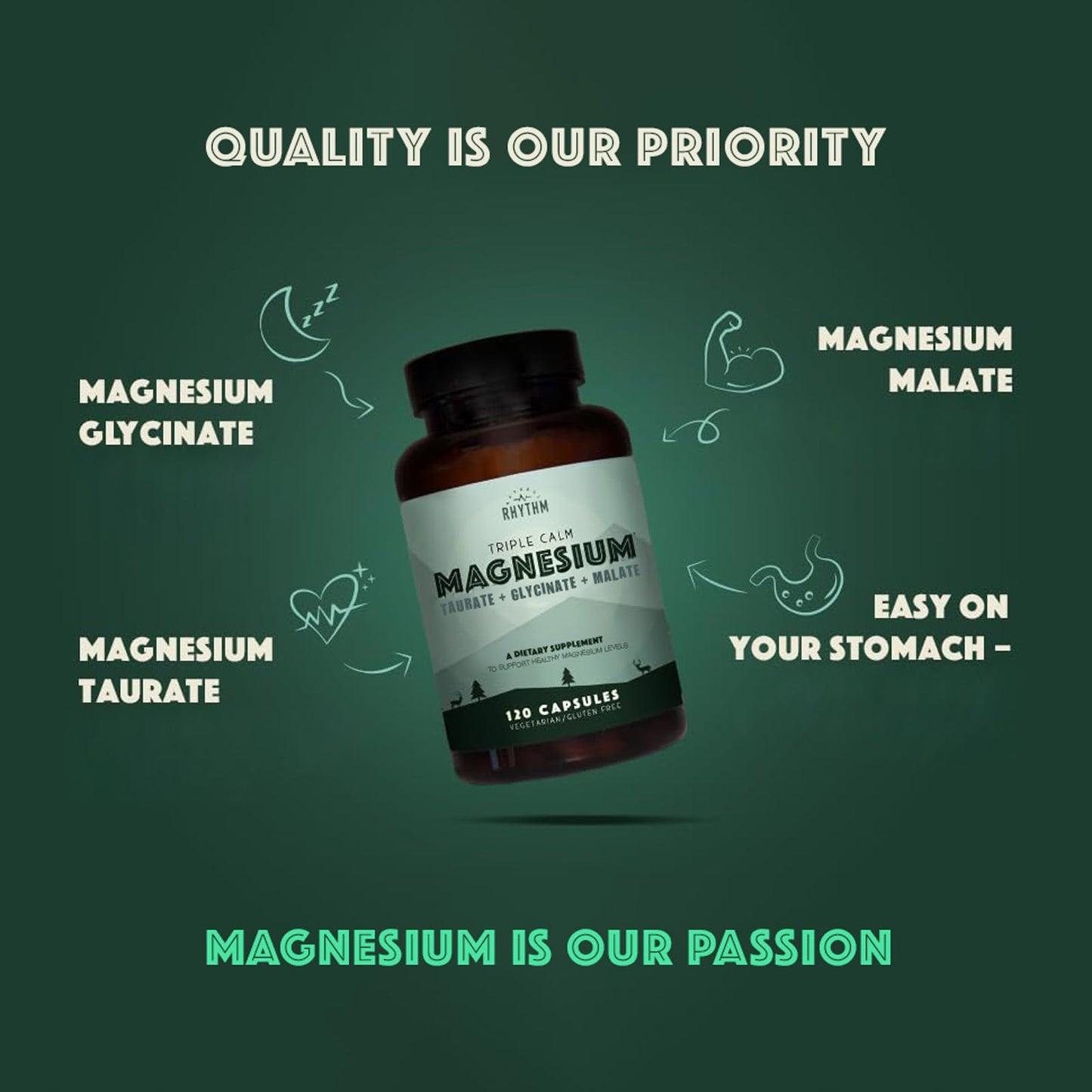 Natural Rhythm Triple Calm Magnesium Complex - 120 Capsules, Chelated Magnesium Glycinate, Taurate & Malate, High Absorption Supplement for Sleep, Stress, Muscle & Heart Support, Non-GMO, Vegan Natural Rhythm buy supplements Au