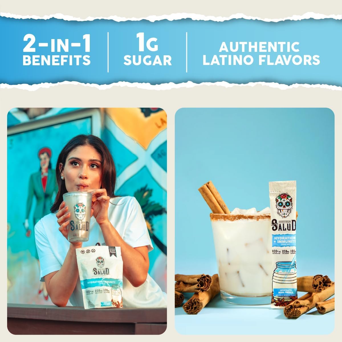 Salud 2-Pack | 2-in-1 Hydration + Immunity (Horchata) & Hydration + Immunity (Pineapple) – 15 Servings Each, Agua Fresca Drink Mix, Non-GMO, Gluten Free, Vegan, Low Calorie, 1g of Sugar