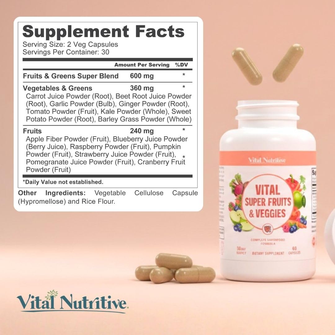 Vital Super Fruits & Veggies - Daily Superfood Capsules for Adults - Fruit & Vegetable Supplements to Boost Immunity & Energy - 2-in-1 Formula for Overall Wellness VITAL NUTRITIVE buy supplements Au
