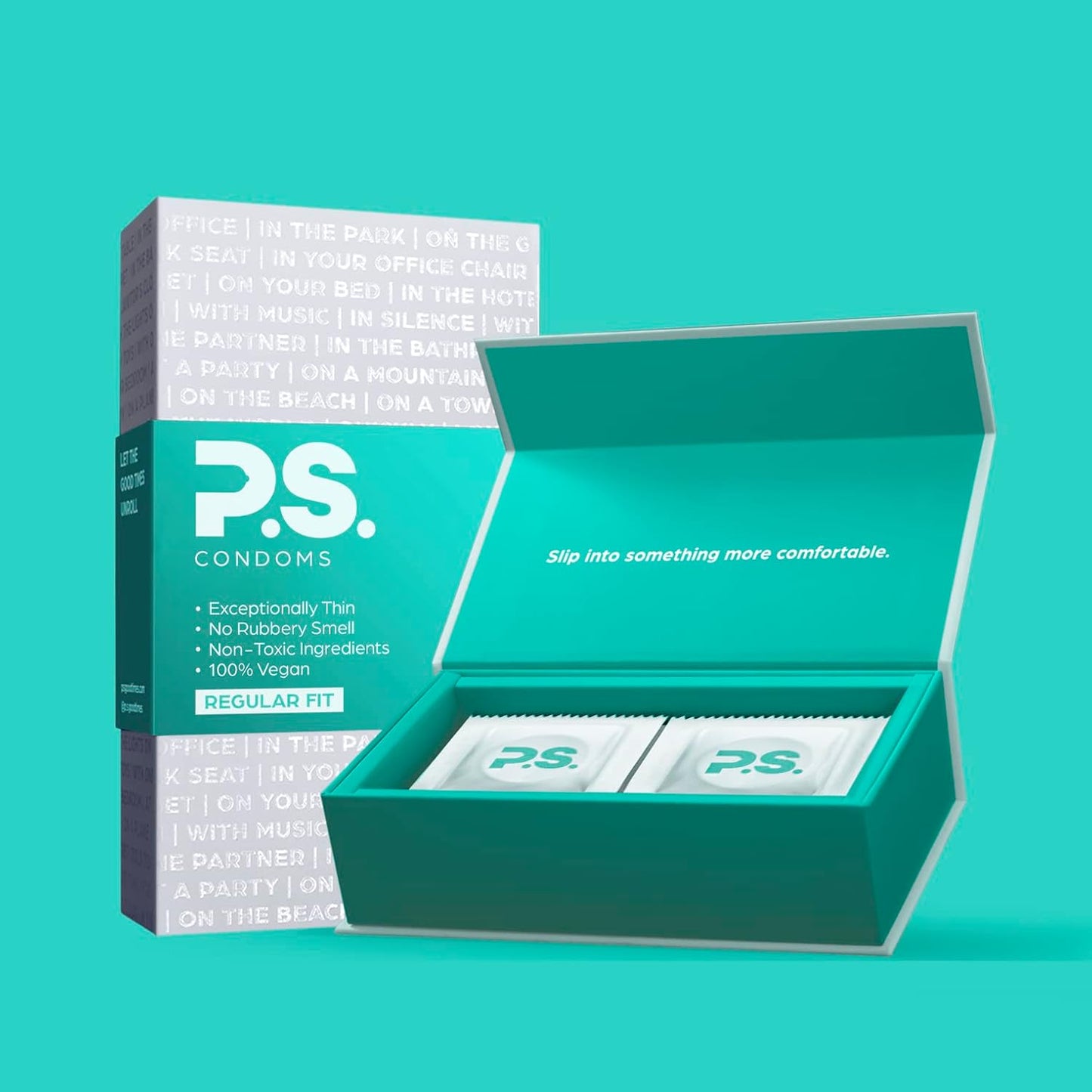 PS Condoms Exceptionally Thin Latex Condoms for Men - 12 Pack, Afterparty Love Oversized Adult Flushable Wipes, Organic Aloe & Plant Based Lube, Rise & Shine