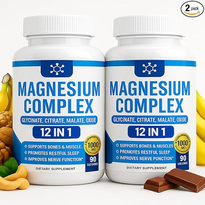 Two bottles of magnesium complex supplement with ingredients on a white background