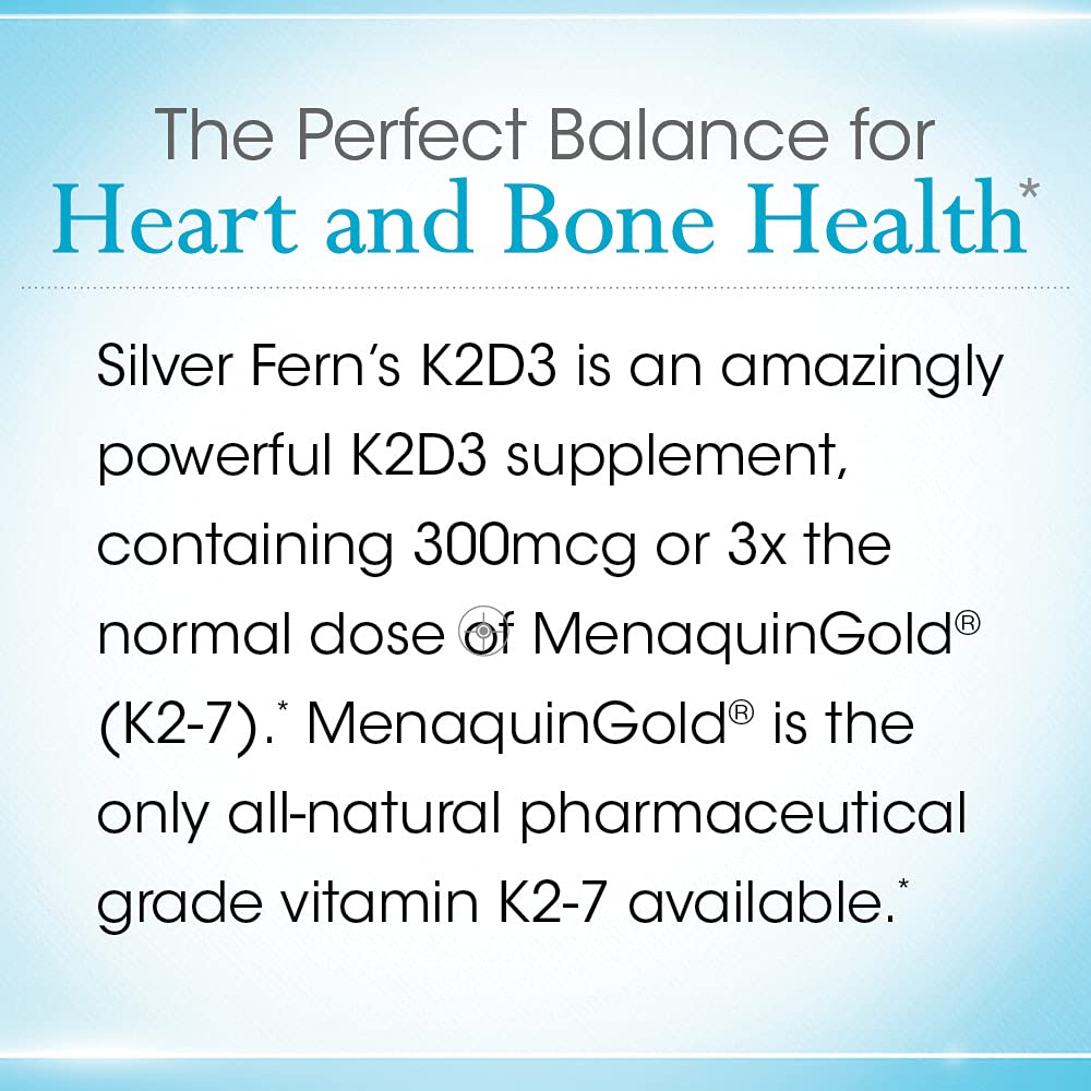Silver Fern Vitamin K2-D3 Supplement Brand - Natural, Non-Synthetic - K2-7 as Menaquinone-7 (MK-7) - D3 as cholecalciferol - Bone, Heart & Energy Support (1 Bottle - 30 Capsules - 30 Servings) Silver Fern buy supplements Au