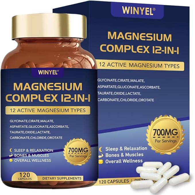 Winyel Magnesium Complex 12-in-1 supplement bottle and packaging on a white background