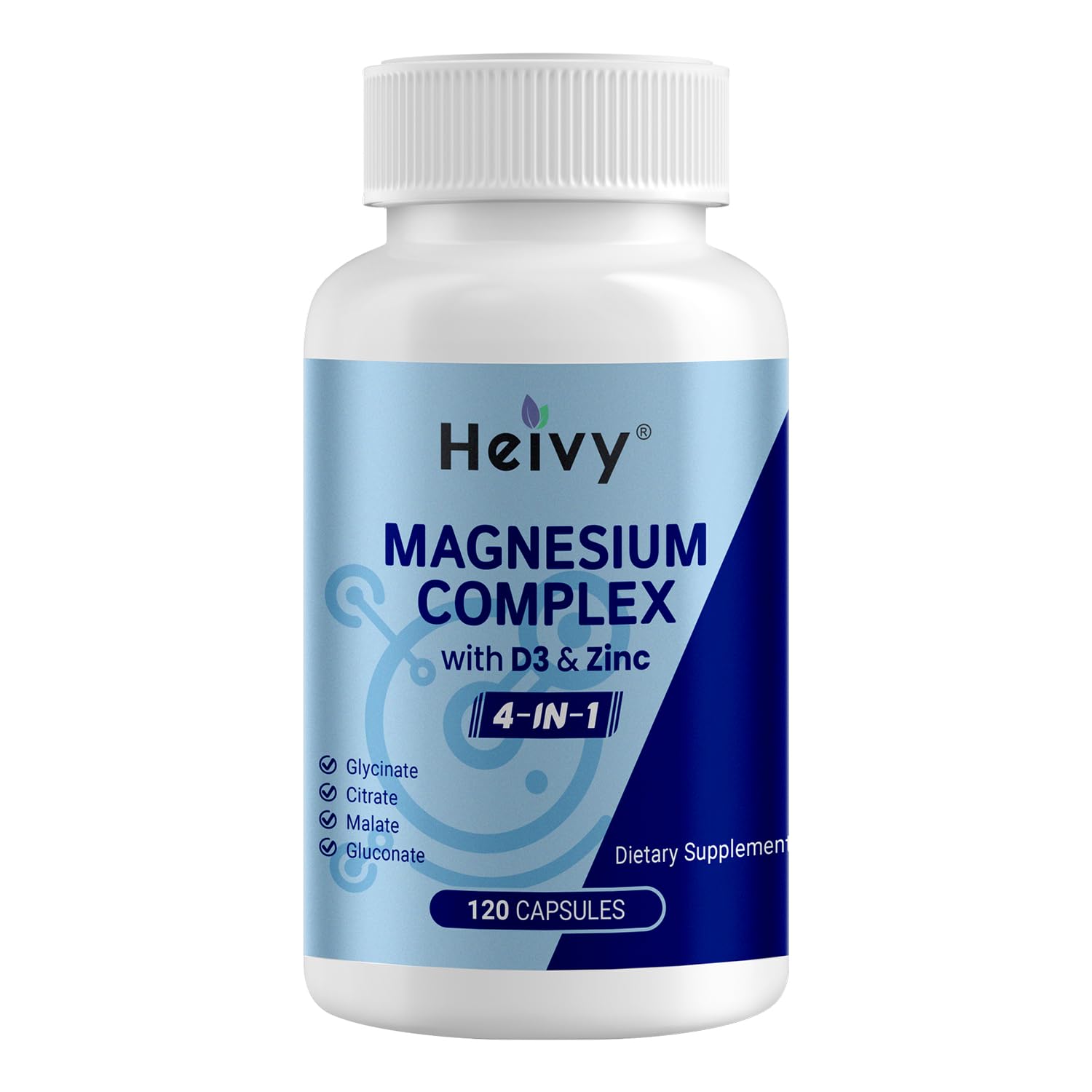 Supplement bottle labeled 'Heivy Magnesium Complex with D3 & Zinc' on a white background