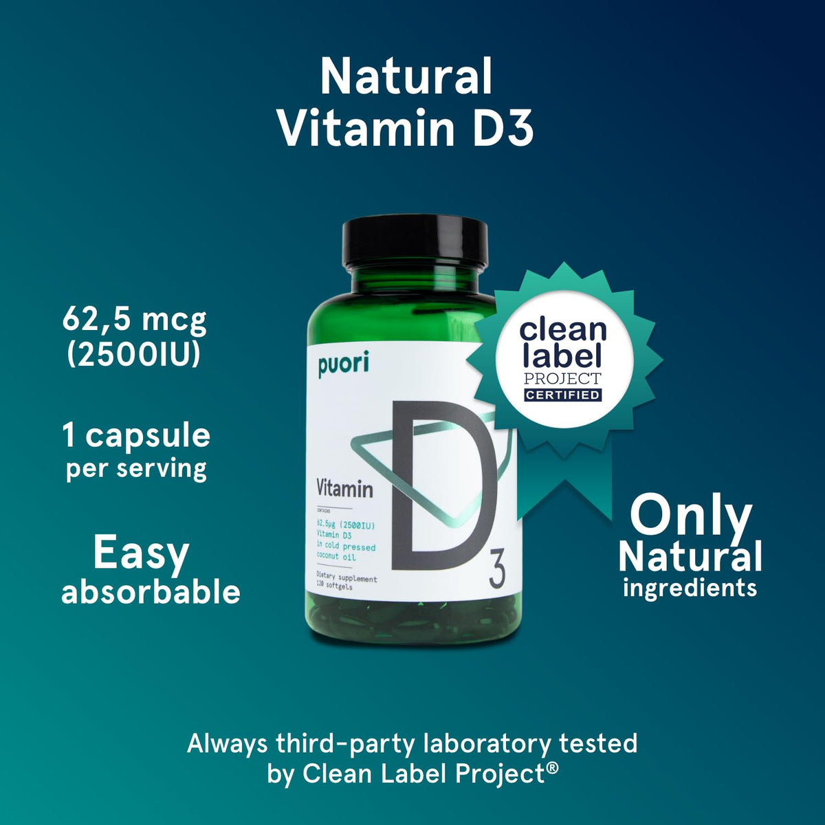 Puori Vitamin D3 Softgels, 2500 IU (62.5 mcg) - Fast Absorbing Vitamin D3 Supplements for Immune System Support, Bone Health & Density and Healthy Muscle Functions - Non-GMO & Gluten-Free - 120 Count Puori buy supplements Au