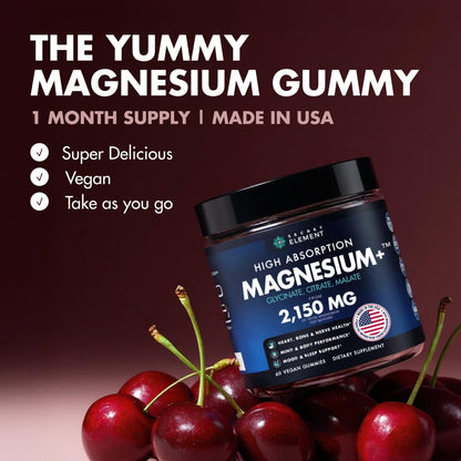 Magnesium Gummies 3in1 - Glycinate, Citrat, Malate 2150 MG High Absorption Supplement, Sugar-Free, Vegan, Chews for Men & Women, Inspired by Wellness Traditions Like Arjuna, 60 Gummies, Cherry Flavor Secret Element buy supplements Au