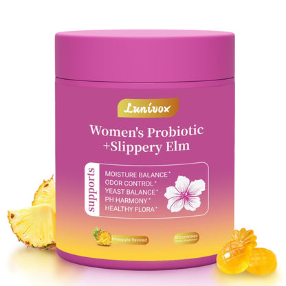 Lunivox Women's Probiotic + Slippery Elm container with pineapple and gummy supplement on a white background