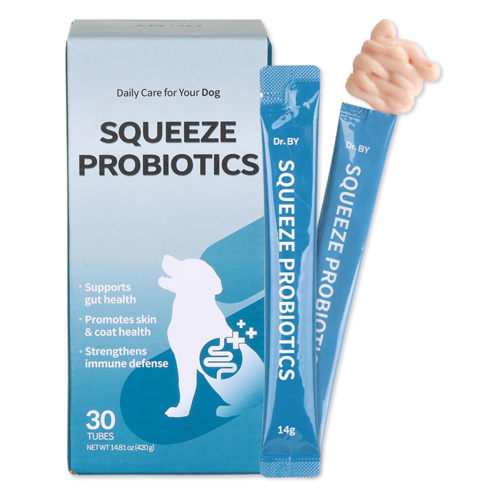 Squeeze probiotics for dogs with packaging and a hand holding a stick pack.