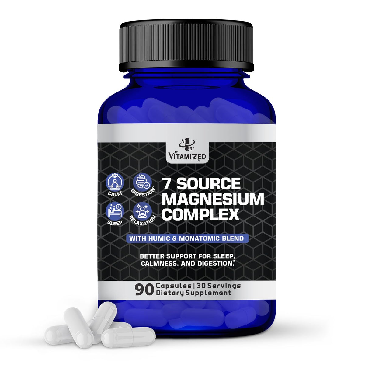 Vitamized 7 Source Magnesium Complex supplement bottle on a white background