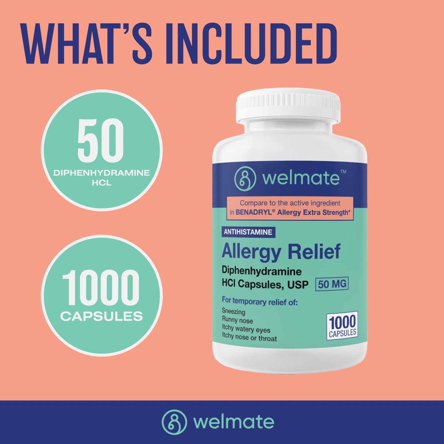 WELMATE Allergy Relief - Diphenhydramine 50 mg - 1000 Count Capsules - Antihistamine - Allergy & Cold Symptoms - Sneezing, Runny Nose, Itchy Eyes & Throat WELMATE buy supplements Au
