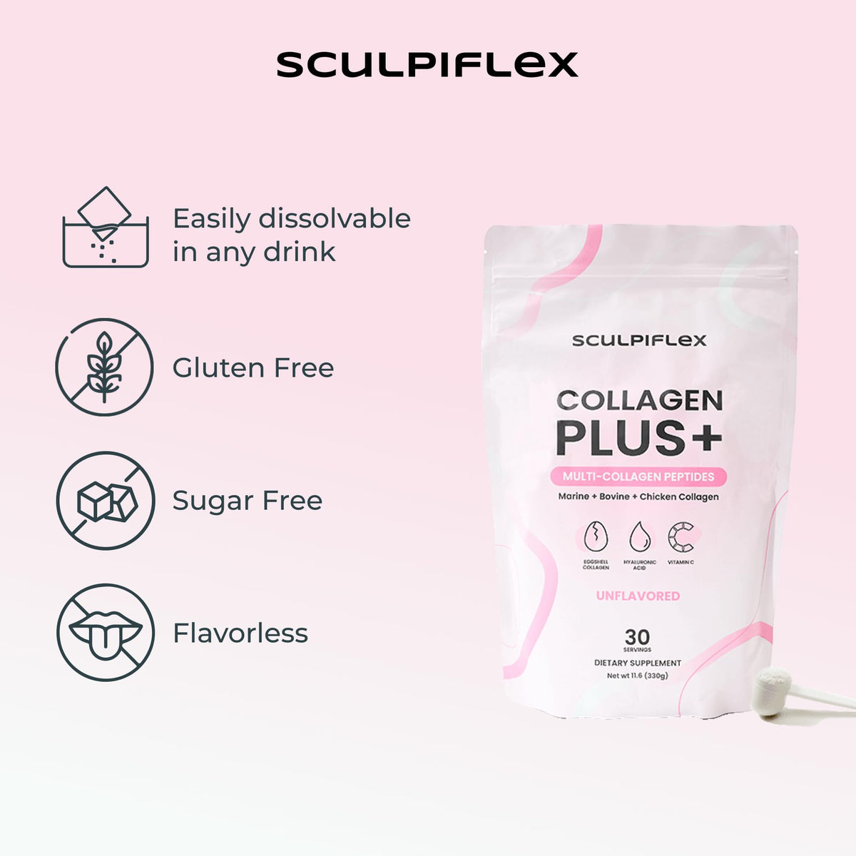 Sculpiflex Hydrolyzed Collagen Peptides Powder, Marine, Bovine, and Chicken Unflavored Multi Collagen Complex for Women, Firms Skin and Boosts Elasticity, Hydrating with Hyaluronic Acid (30 Servings) SCULPIFLEX buy supplements Au