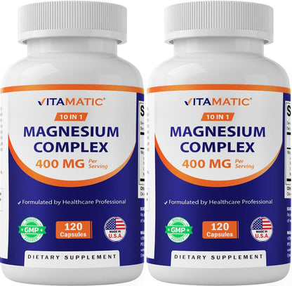 Two bottles of Vitamatic Magnesium Complex dietary supplements on a white background
