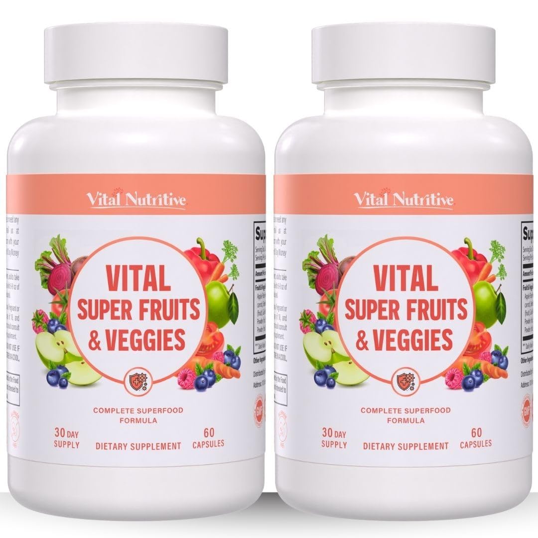 Two bottles of Vital Nutritive Super Fruits & Veggies supplements on a white background