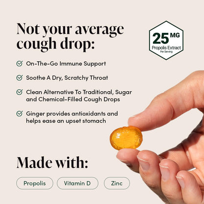 Beekeeper's Naturals Soothing Honey Ginger Lemon Cough Drops - Immune Support with Vitamin D, Zinc and Propolis Throat Soothing Lozenges, 24 Ct