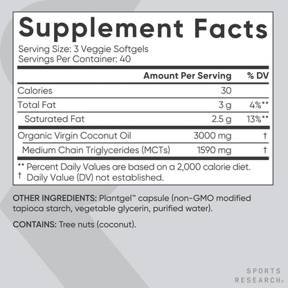 Sports Research® Organic Coconut Oil Capsules 3000MG - Cold Pressed Extra Virgin Coconut Oil with Medium Chain Triglycerides (MCTs) - Vegan Friendly & Non-GMO Verified - 120 Softgels Sports Research buy supplements Au