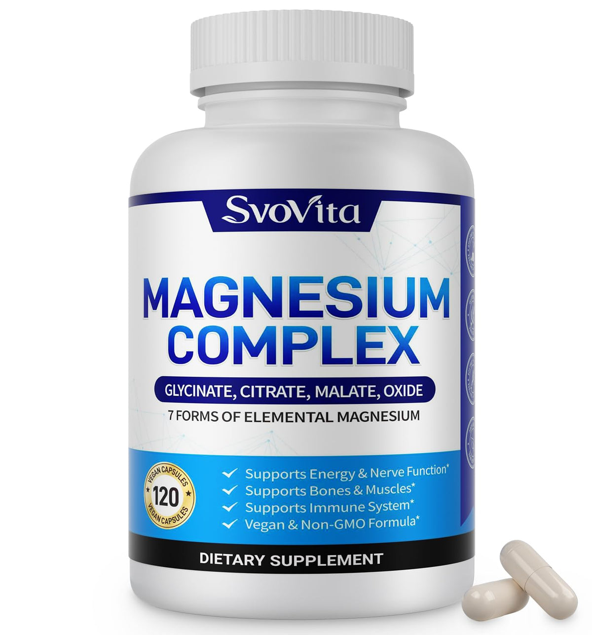 SvoVita Magnesium Complex dietary supplement bottle with white background