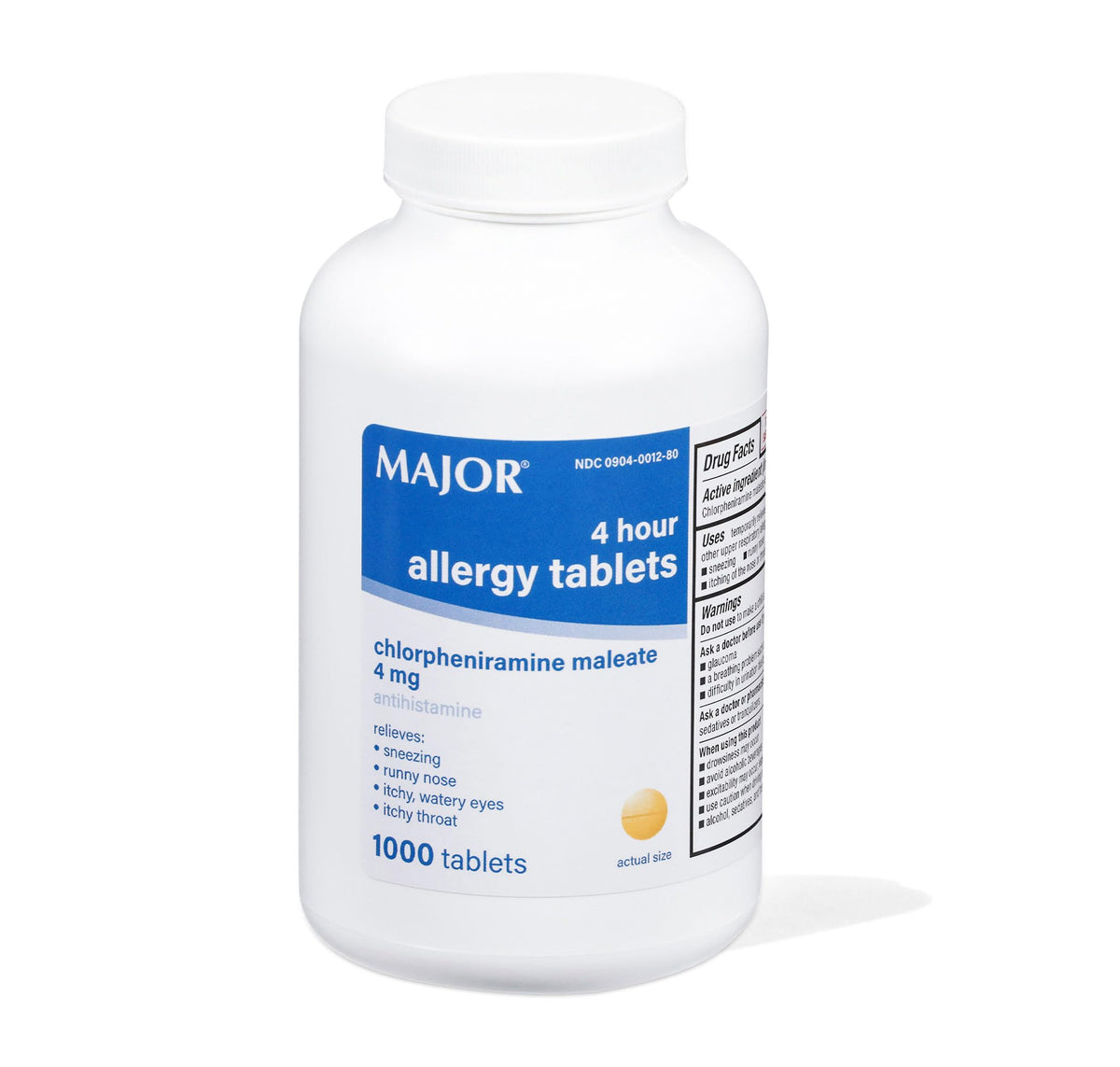 MAJOR 4 Hour Allergy Tablets - Chlorpheniramine Maleate - 4 mg - Antihistamine - 1000 Count (1 Pack) MAJOR buy supplements Au
