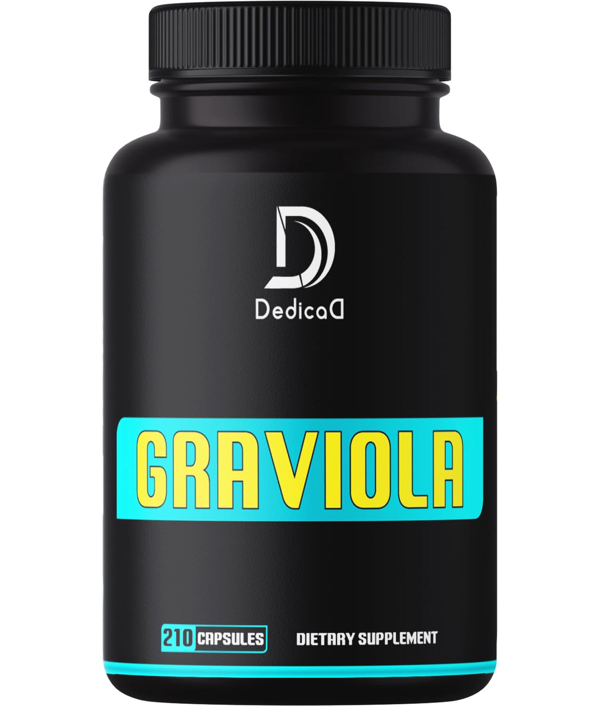 Black dietary supplement bottle labeled 'Graviola' with DedicaD branding on a white background
