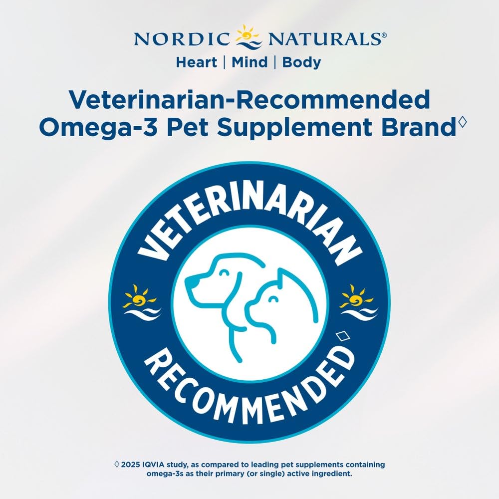 Nordic Naturals Omega-3 Fish Oil for Dogs with EPA + DHA - 180 Count | Easy-to-give soft gel capsules deliver 320 mg omega-3 per serving to support heart, skin, coat, and immune health in dogs