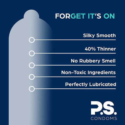 PS Condoms Exceptionally Thin Latex Condoms, Clean & Odorless, 12 Pack | Individually tested, 0.045 mm natural rubber, 40% thinner, lubricated, vegan, and free of PFAS, gluten, glycerin and parabens