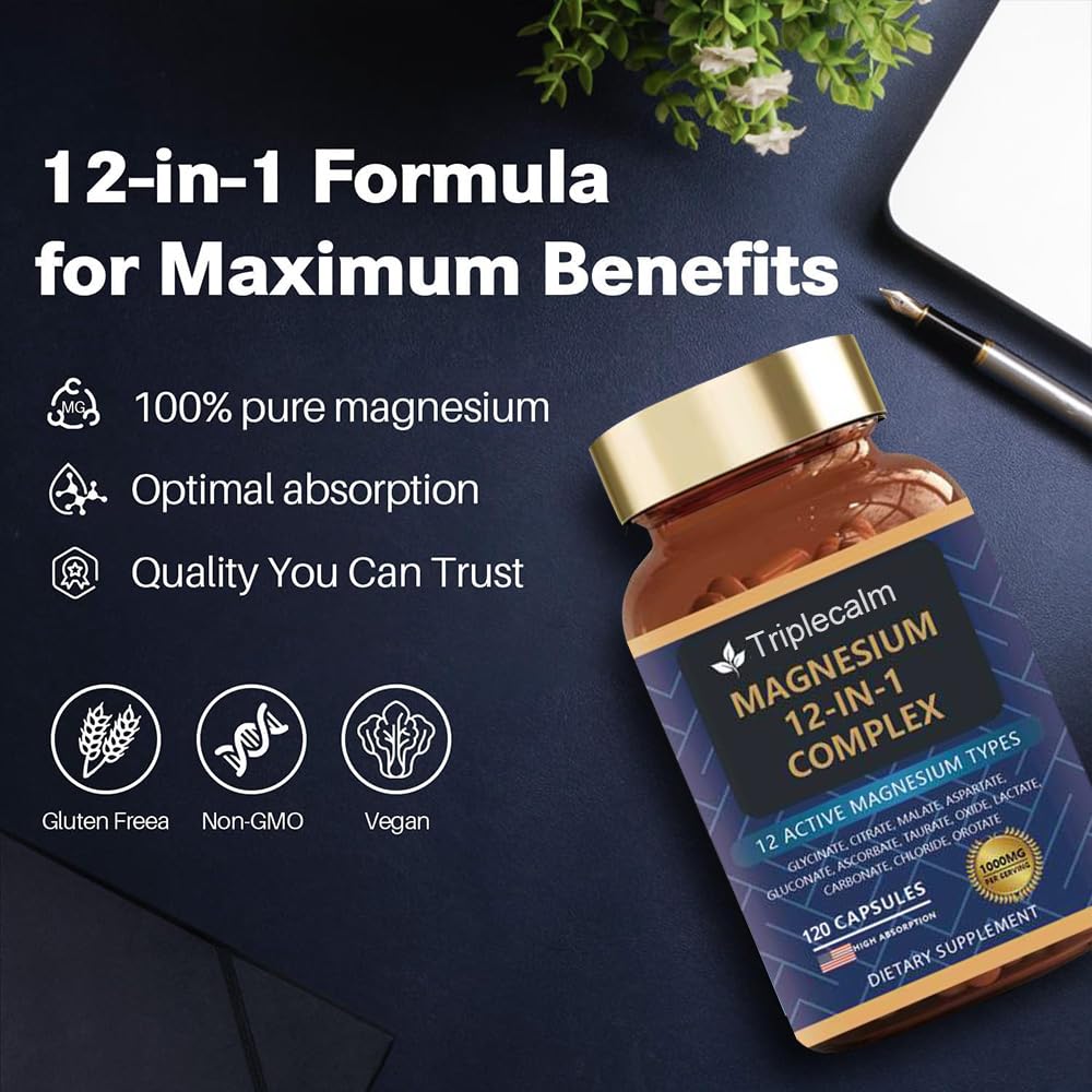 Magnesium Complex 12 in 1 Supplement - 12 Elemental 1000mg - Magnesium Glycinate, Citrate, Malate, Taurate - High Absorption,for Muscle, Nerve & Sleep Support - 120 Capsules Triplecalm buy supplements Au