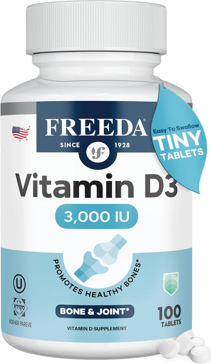FREEDA Vitamin D3-3000 IU - Pure High Potency Kosher Supplement Tablets - Bone and Muscle Health, Calcium Absorption, Immune Support for Men and Women* - 100 Tiny Tablets | Supports Bone, Muscle & Immune Health – Helps Calcium Absorption – Easy-to-Swallow