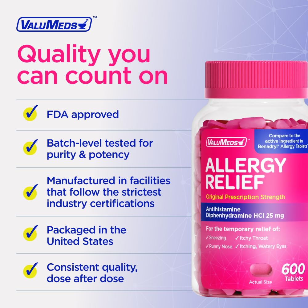 ValuMeds Allergy Medicine Antihistamine, Diphenhydramine HCl 25 mg | Children and Adults | Relieve Itchy Eyes, Runny Nose, Sneezing (25 mg, 600 Count) ValuMeds buy supplements Au