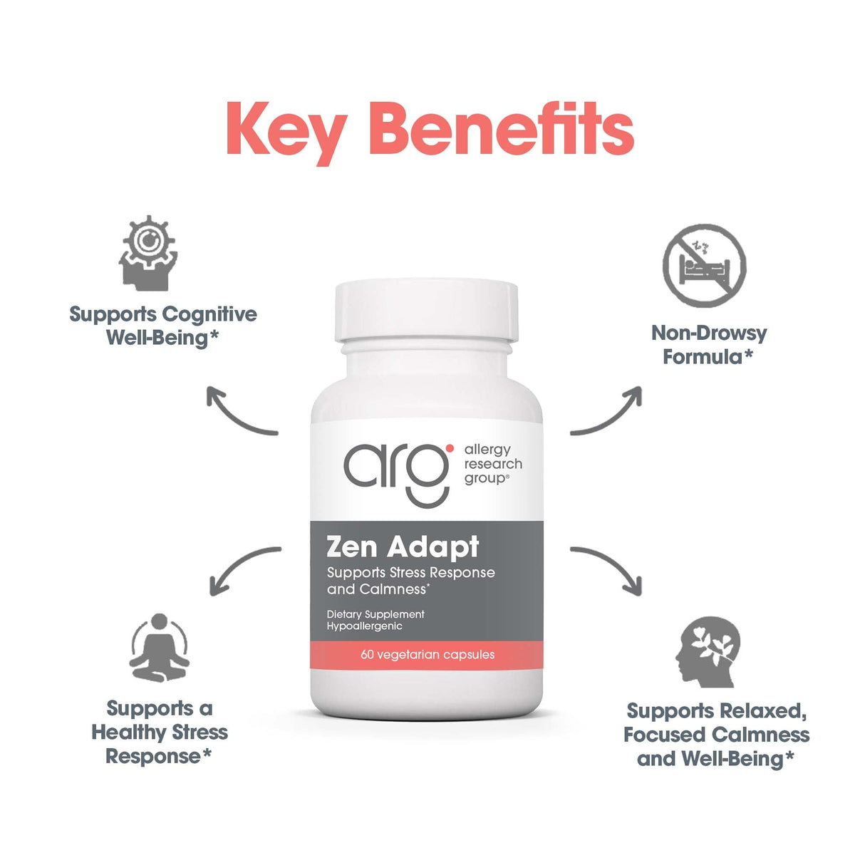 ARG Zen Adapt - 200 mg L-Theanine, 125 mg Ashwagandha & 550 mg GABA - Supports Stress Response and Calmness - Vegetarian Capsules - Hypoallergenic Formula - 30 Servings - 60 Capsules Allergy Research GroupBuy Supplements Australia