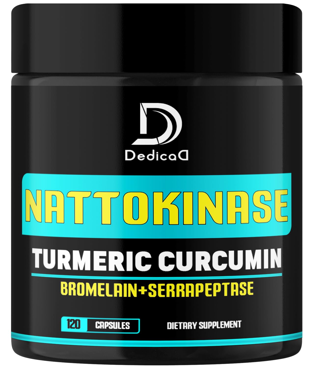 Black supplement jar labeled 'Nattokinase Turmeric Curcumin' with DedicaD branding.