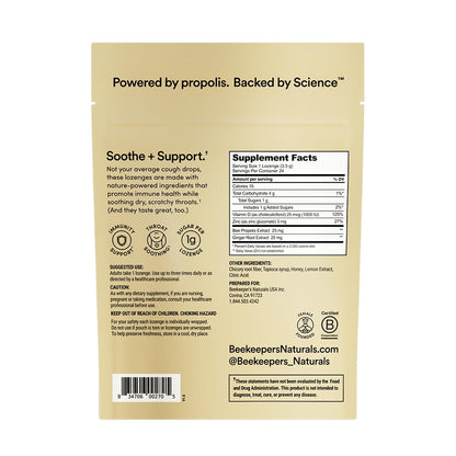 Beekeeper's Naturals Soothing Honey Ginger Lemon Cough Drops - Immune Support with Vitamin D, Zinc and Propolis Throat Soothing Lozenges, 24 Ct