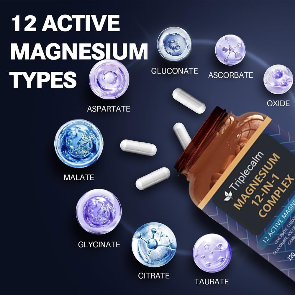 Magnesium Complex 12 in 1 Supplement - 12 Elemental 1000mg - Magnesium Glycinate, Citrate, Malate, Taurate - High Absorption,for Muscle, Nerve & Sleep Support - 120 Capsules Triplecalm buy supplements Au