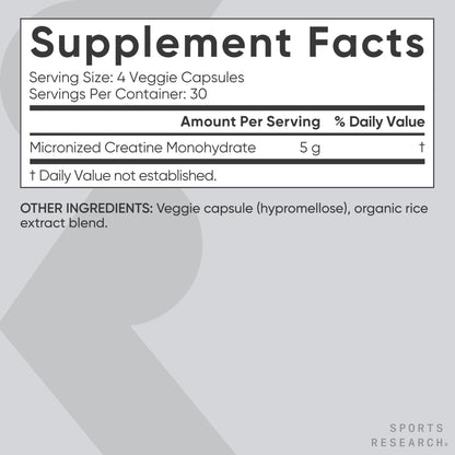 Sports Research® Creatine Monohydrate Capsules - Supports Workout Recovery, Lean Muscle gain, Performance and Strength* - Non-GMO, Vegan Certified - 5g per Servings - 30 Servings Sports Research buy supplements Au