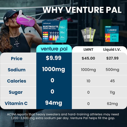 Venture Pal Sugar-Free Electrolyte Powder Combo Pack – Daily Hydration & High Sodium Electrolyte Mix | Zero Calories | 32 Sticks Total