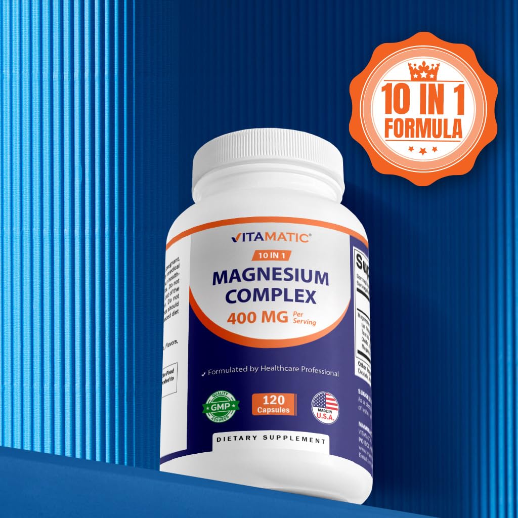 Vitamatic Magnesium Complex, 400mg Elemental MG (as Bisglycinate, Citrate, Taurate, Malate, Aspartate, Oxide, Gluconate, Lysinate Glycinate, Orotate, Succinate) - 120 Capsules per Pack - 2 Pack Vitamatic buy supplements Au