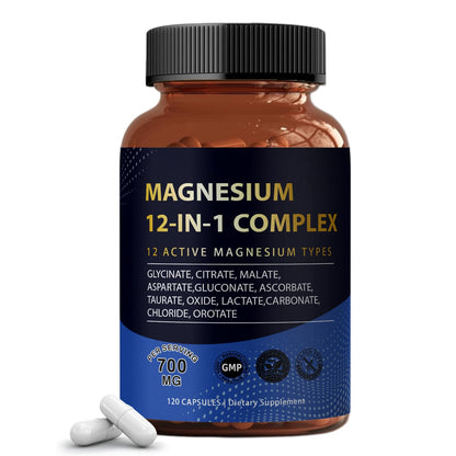 Supplement bottle labeled 'Magnesium 12-IN-1 Complex' on a white background